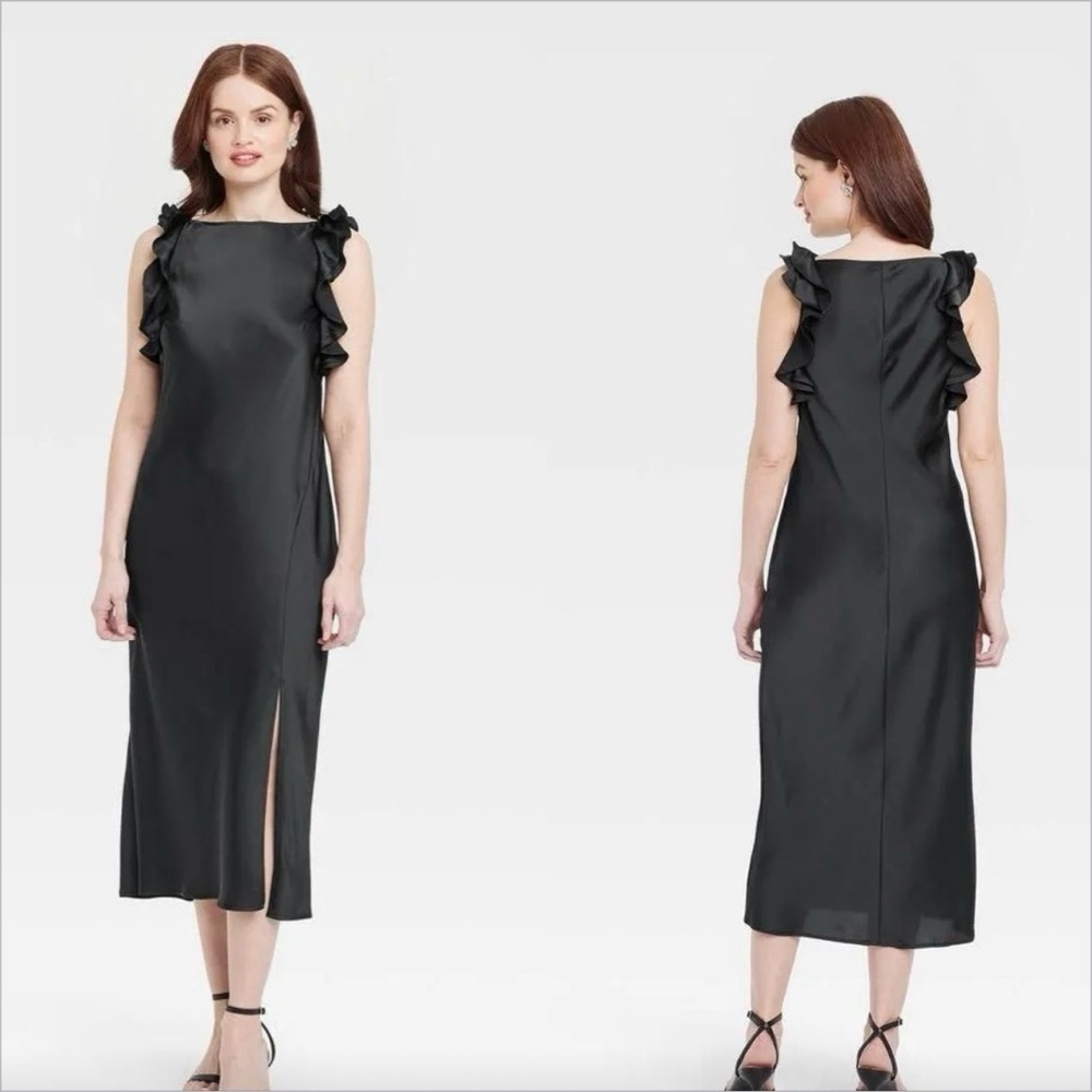 Elegant Black Ruffle Dress SZXL silk formal flatter chic old money quite luxury